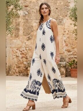 Camille & Co | Sleeveless Cream Jumpsuit with Navy Palm Motif